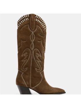 Zara Brown Suede Western Knee-High Boot with Whipstitch Trim